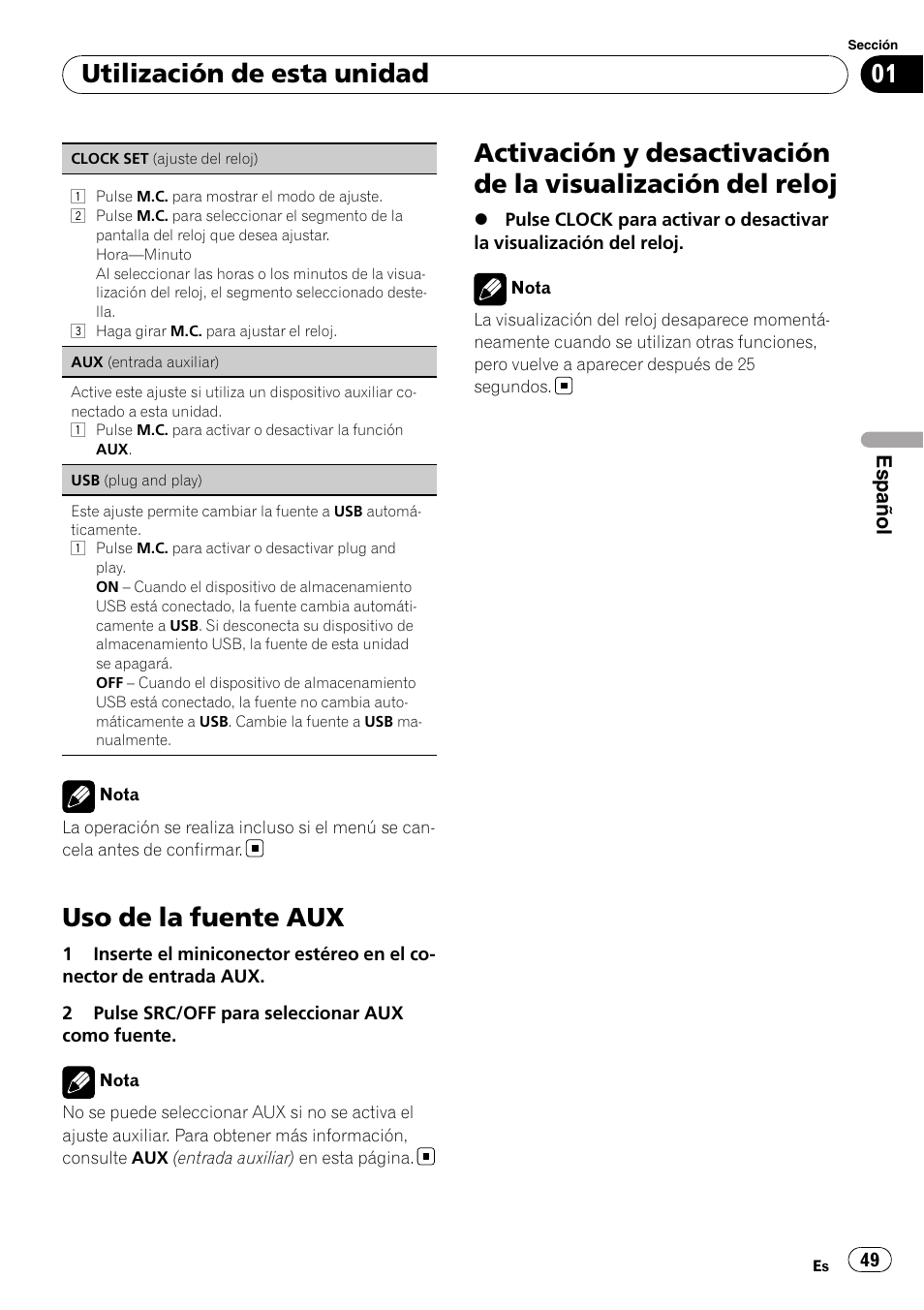 Uso de la fuente aux, Utilización de esta unidad, Español | Pioneer DEH-22UB User Manual | Page 49 / 60