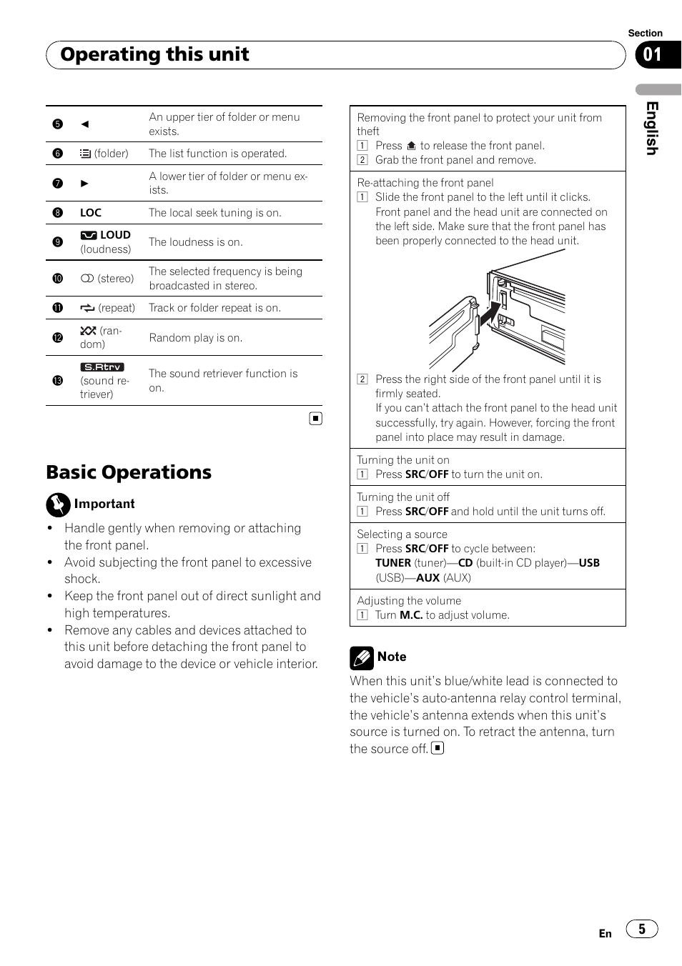 Basic operations, Operating this unit, English | Pioneer DEH-22UB User Manual | Page 5 / 60