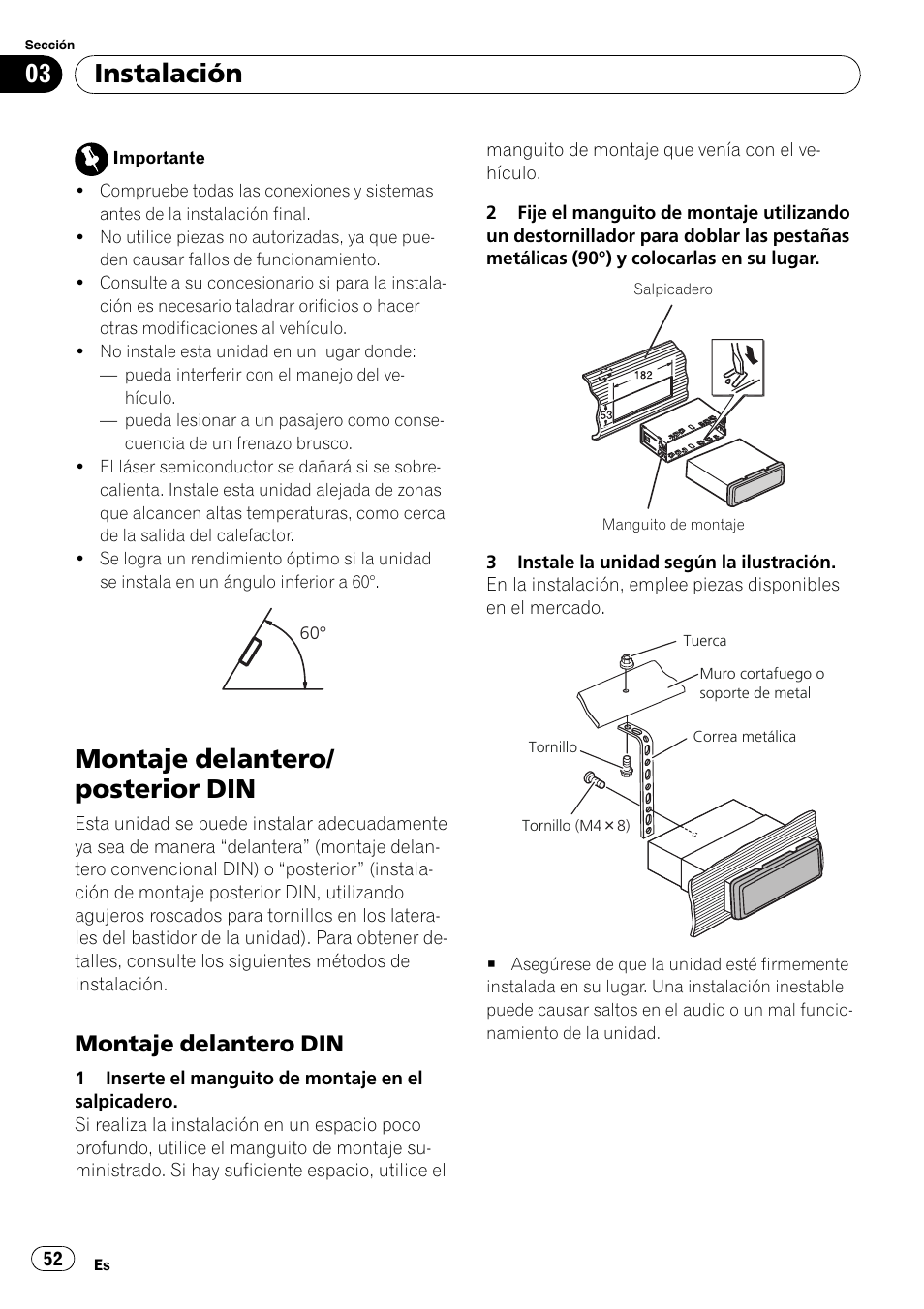 Montaje delantero/ posterior din, Instalación, Montaje delantero din | Pioneer DEH-22UB User Manual | Page 52 / 60