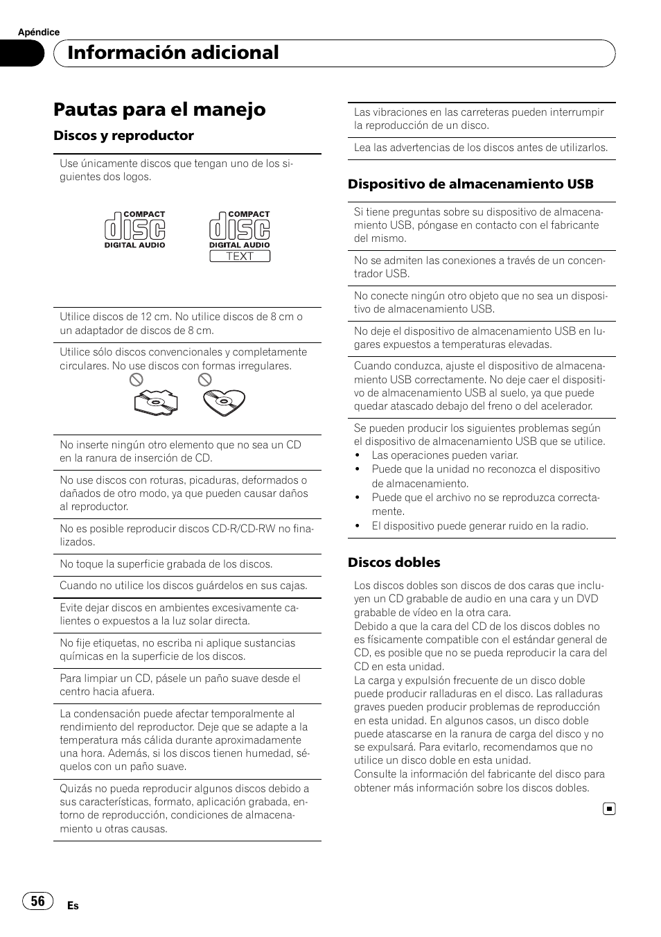 Pautas para el manejo, Información adicional | Pioneer DEH-22UB User Manual | Page 56 / 60