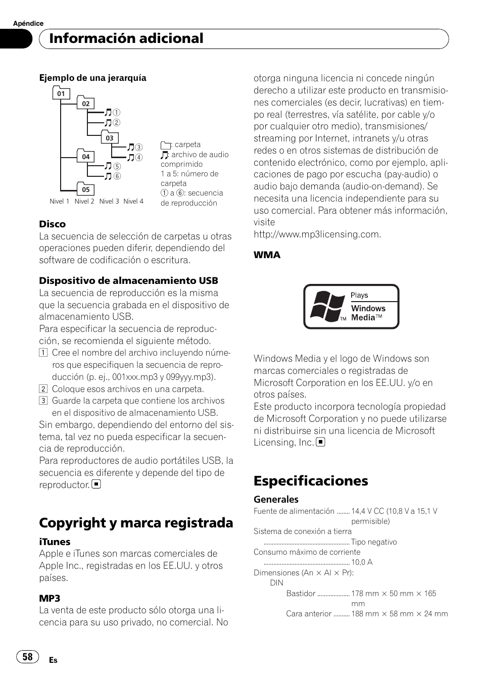 Copyright y marca registrada, Especificaciones, Información adicional | Pioneer DEH-22UB User Manual | Page 58 / 60