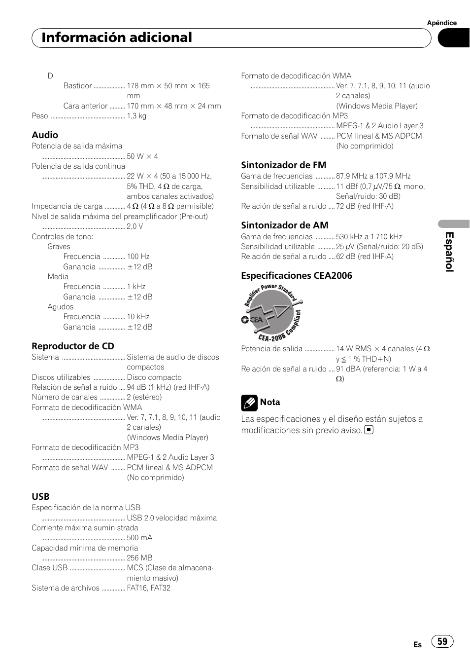 Información adicional, Español | Pioneer DEH-22UB User Manual | Page 59 / 60