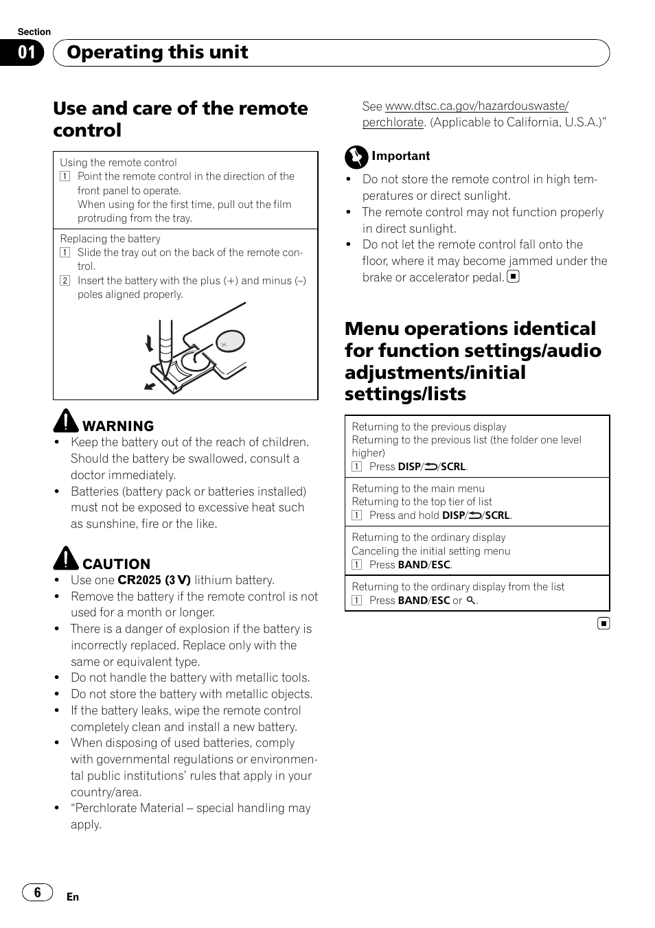 Use and care of the remote control, Operating this unit | Pioneer DEH-22UB User Manual | Page 6 / 60