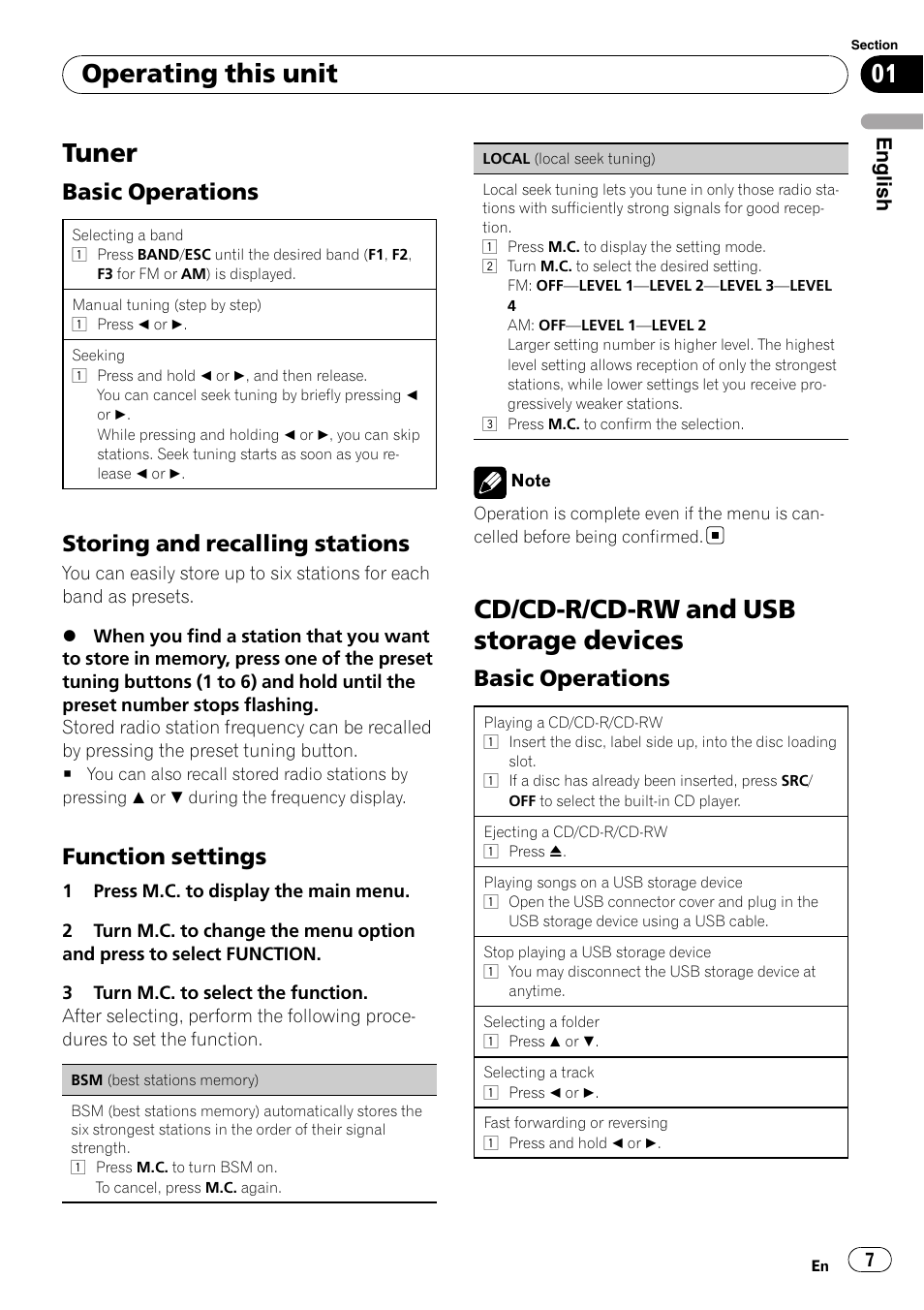Tuner, Cd/cd-r/cd-rw and usb storage devices, Operating this unit | Basic operations, Storing and recalling stations, Function settings, English | Pioneer DEH-22UB User Manual | Page 7 / 60