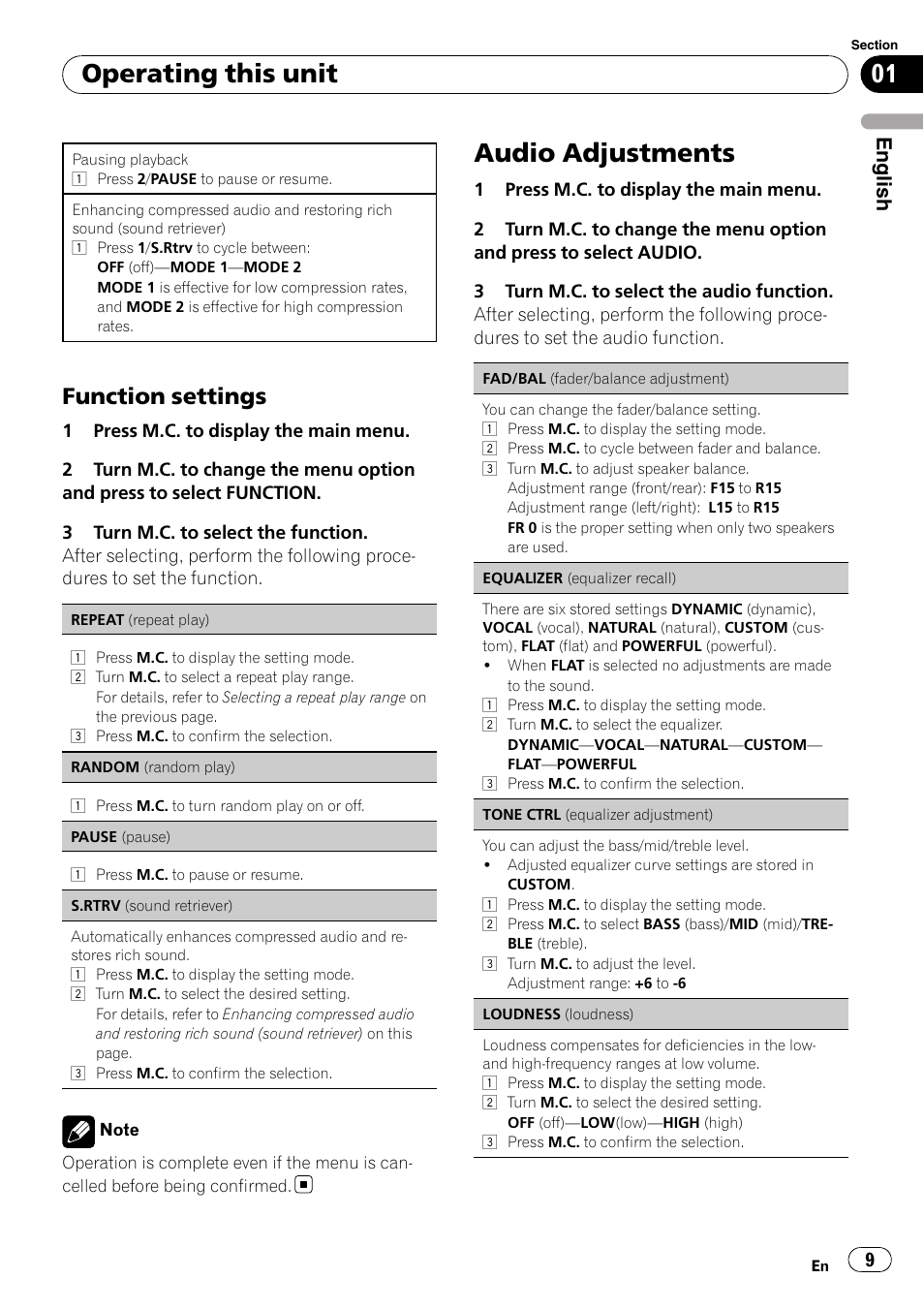 Audio adjustments, Operating this unit, Function settings | English | Pioneer DEH-22UB User Manual | Page 9 / 60