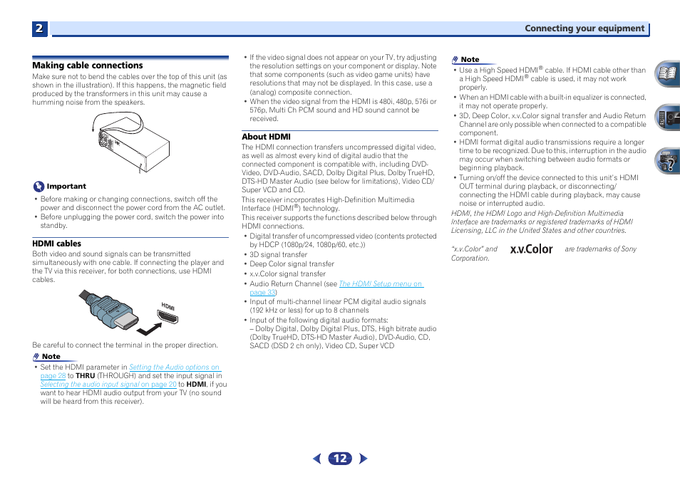 Making cable connections, Hdmi cables, About hdmi | Pioneer VSX-522-K User Manual | Page 12 / 39