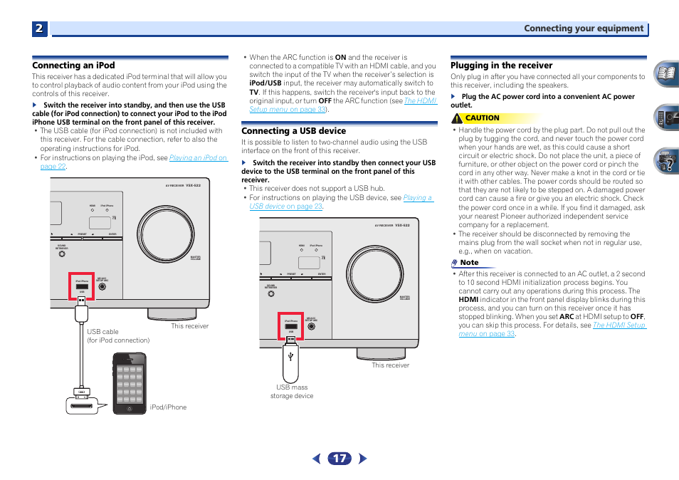 Connecting an ipod, Connecting a usb device, Plugging in the receiver | Connecting your equipment | Pioneer VSX-522-K User Manual | Page 17 / 39