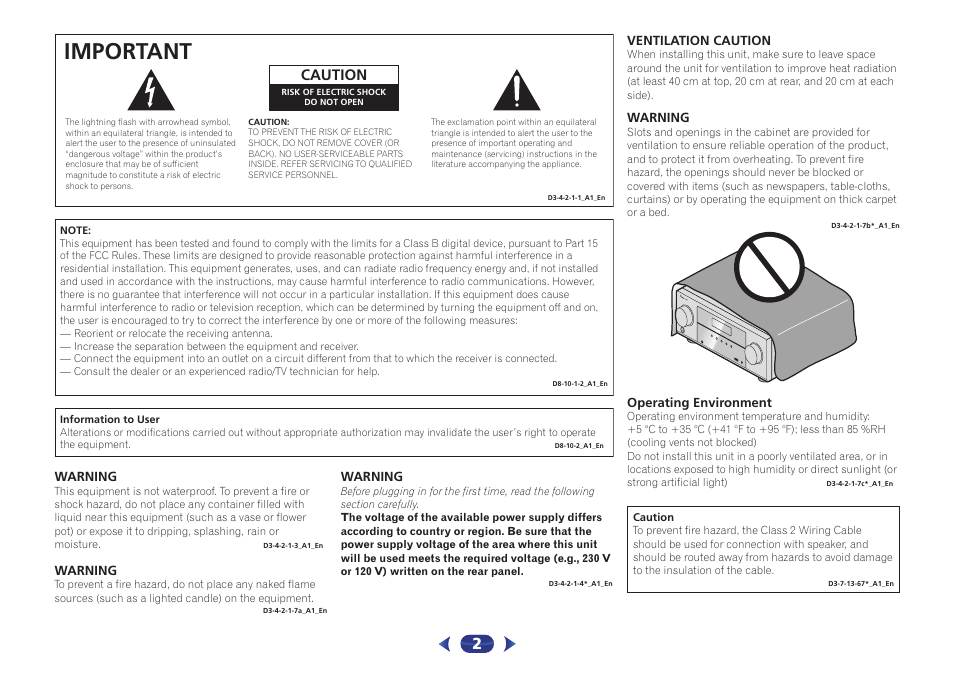 Important, Caution | Pioneer VSX-522-K User Manual | Page 2 / 39