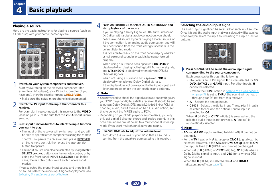 Basic playback, Playing a source, Selecting the audio input signal | 04 basic playback | Pioneer VSX-522-K User Manual | Page 20 / 39