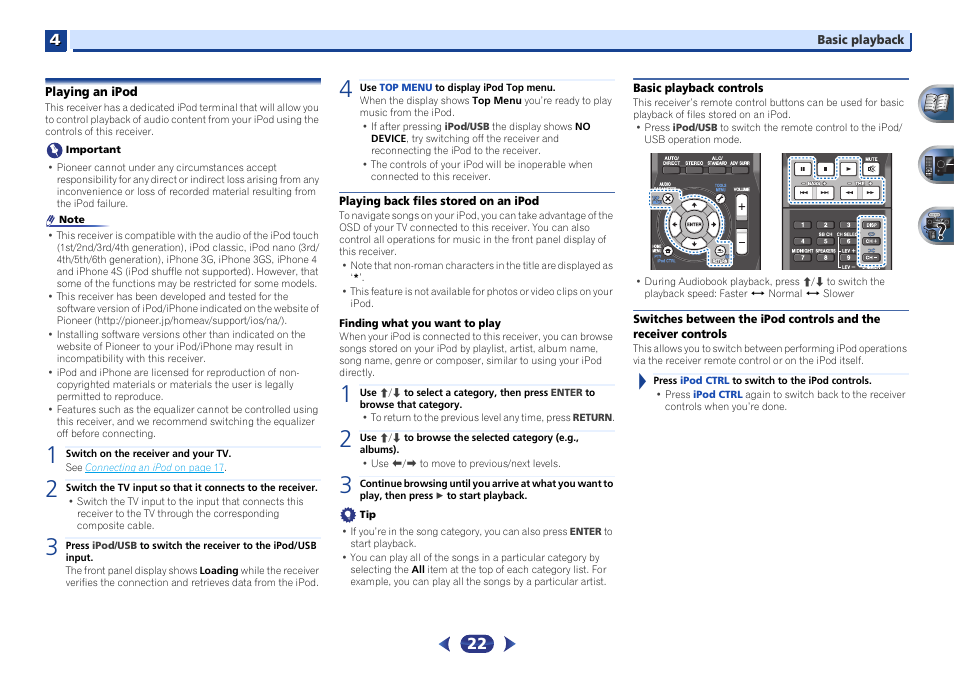 Playing an ipod, Playing back files stored on an ipod, Basic playback controls | Controls | Pioneer VSX-522-K User Manual | Page 22 / 39