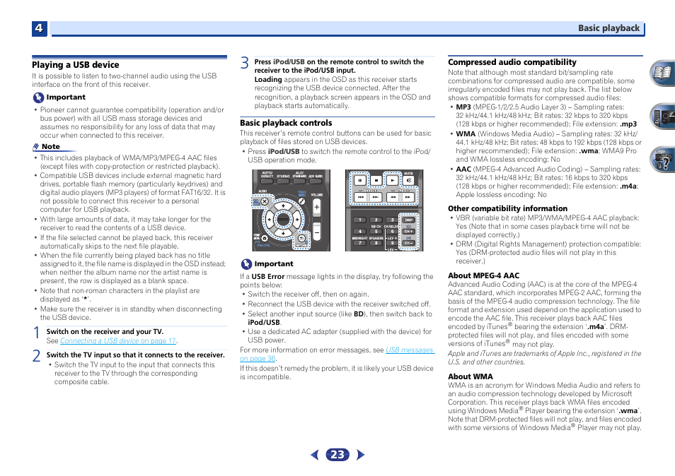 Playing a usb device, Basic playback controls, Compressed audio compatibility | Pioneer VSX-522-K User Manual | Page 23 / 39
