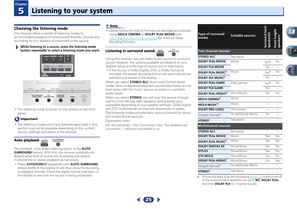 Listening to your system, Choosing the listening mode, Auto playback | Listening in surround sound, 05 listening to your system | Pioneer VSX-522-K User Manual | Page 25 / 39