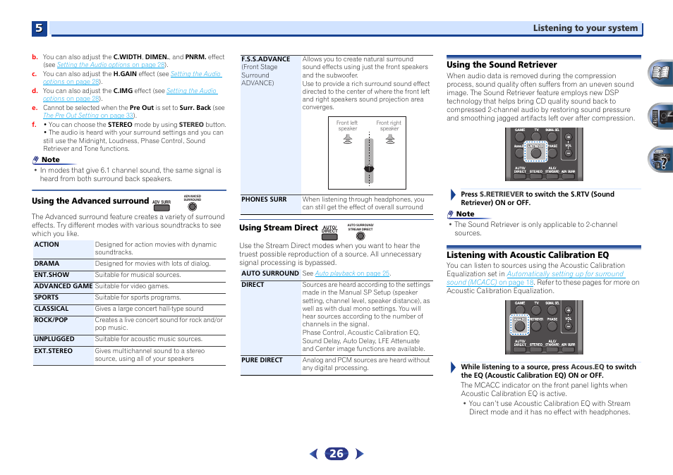 Using the advanced surround, Using stream direct, Using the sound retriever | Listening with acoustic calibration eq | Pioneer VSX-522-K User Manual | Page 26 / 39