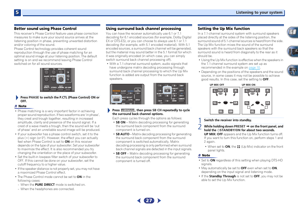 Better sound using phase control, Using surround back channel processing, Setting the up mix function | Pioneer VSX-522-K User Manual | Page 27 / 39