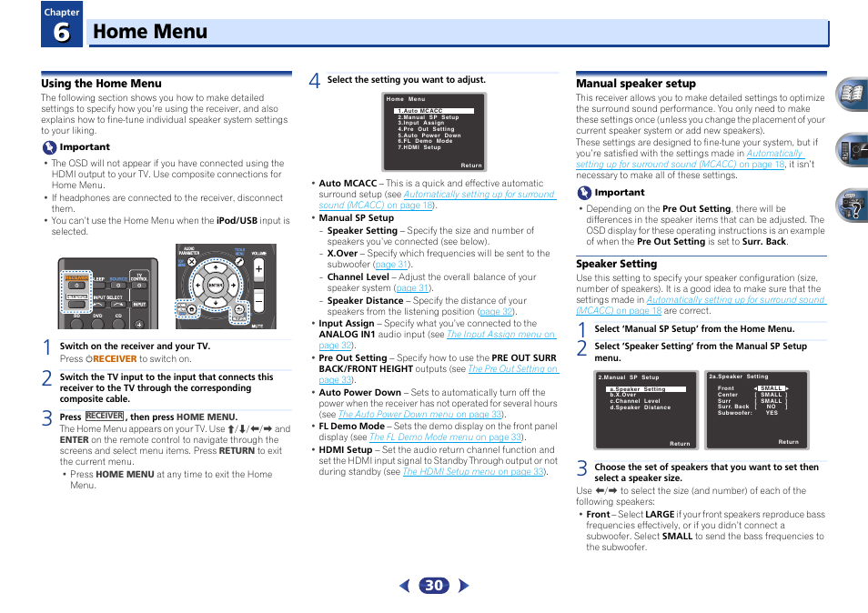 Home menu, Using the home menu, Manual speaker setup | Speaker setting, 06 home menu | Pioneer VSX-522-K User Manual | Page 30 / 39
