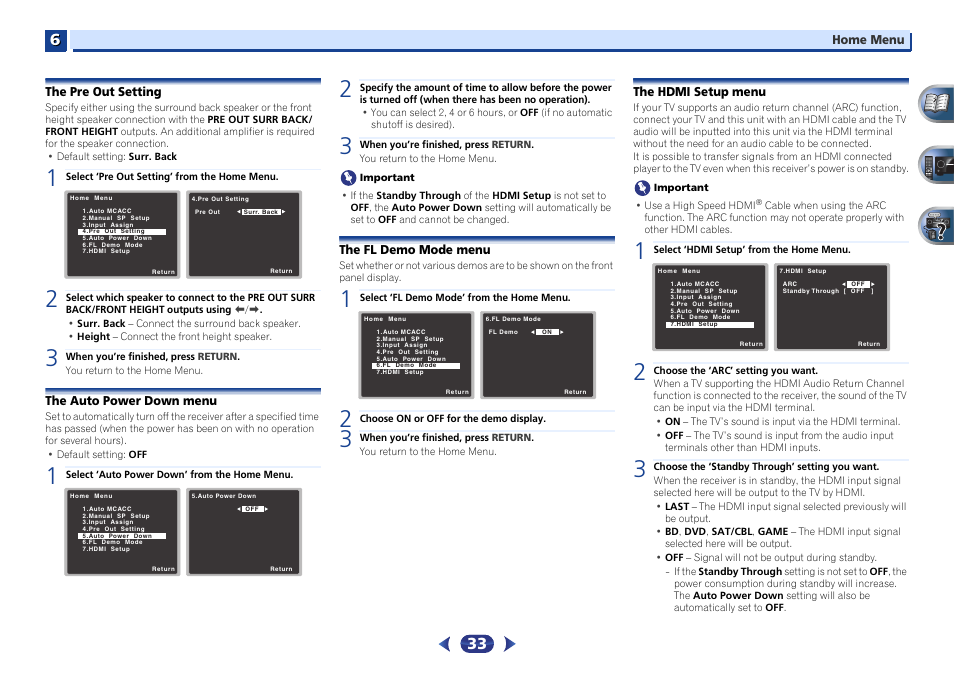 The pre out setting, The auto power down menu, The fl demo mode menu | The hdmi setup menu | Pioneer VSX-522-K User Manual | Page 33 / 39