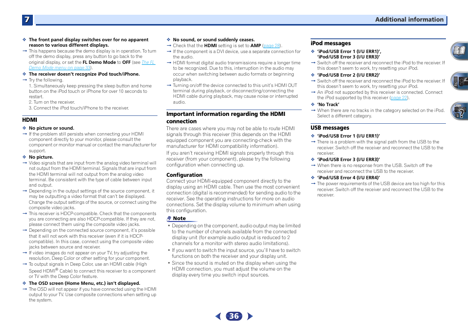 Hdmi, Ipod messages, Usb messages | Important information regarding the hdmi, Connection | Pioneer VSX-522-K User Manual | Page 36 / 39