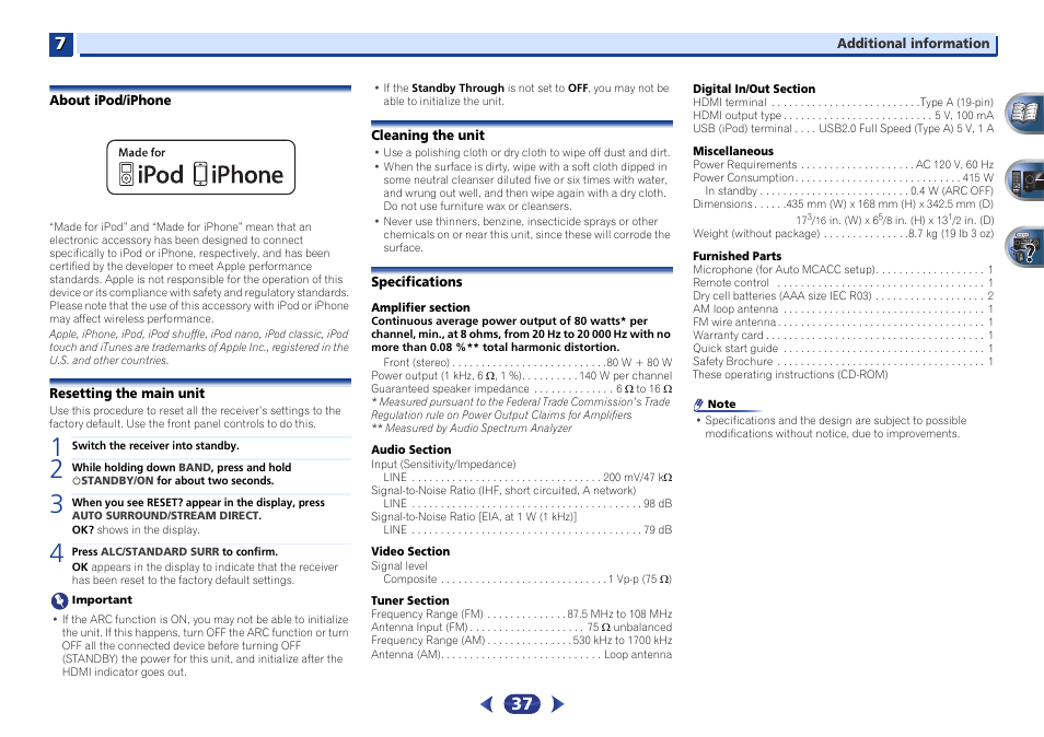 About ipod/iphone, Resetting the main unit, Cleaning the unit | Specifications | Pioneer VSX-522-K User Manual | Page 37 / 39