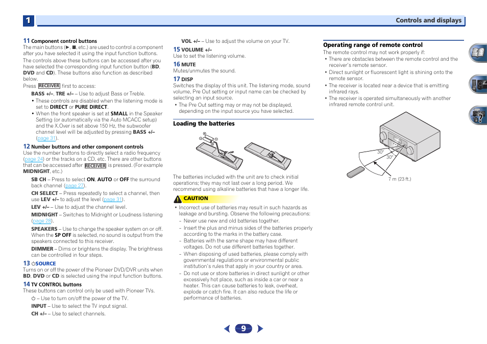 Loading the batteries, Operating range of remote control | Pioneer VSX-522-K User Manual | Page 9 / 39