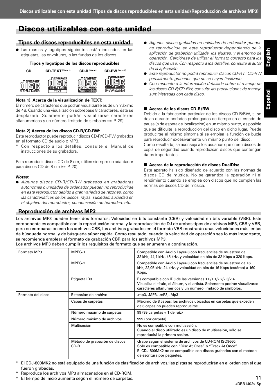 Discos utilizables con esta unidad, English, Espa ñ ol | Tipos de discos reproducibles en esta unidad, Reproducción de archivos mp3 | Pioneer CDJ-800MK2 User Manual | Page 11 / 38
