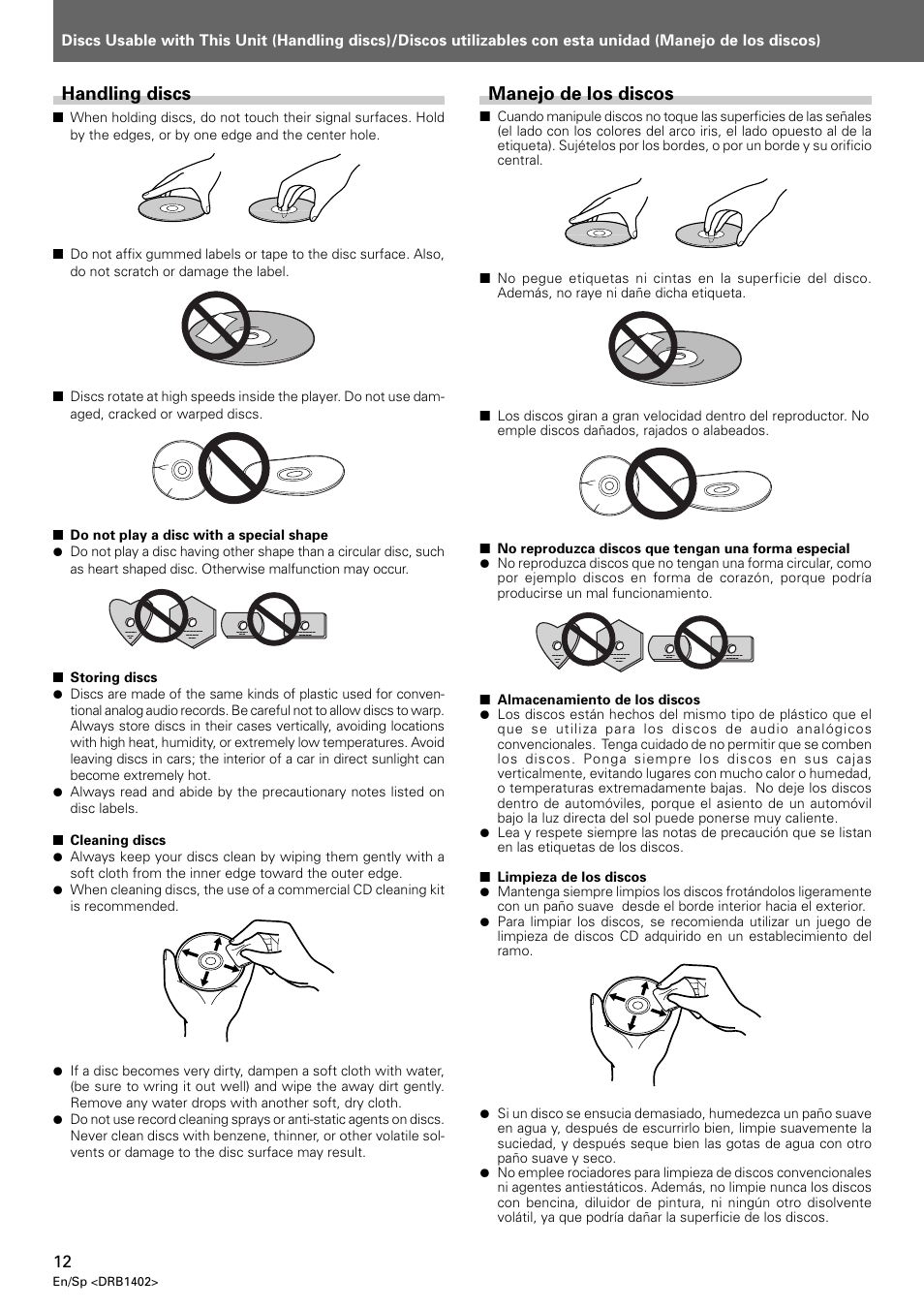 Handling discs, Manejo de los discos | Pioneer CDJ-800MK2 User Manual | Page 12 / 38