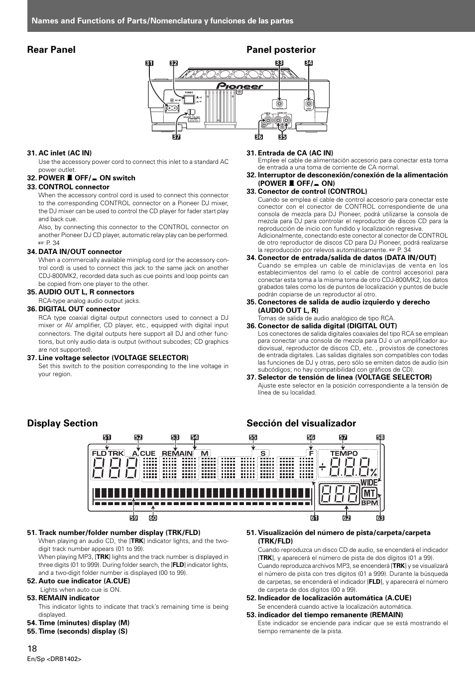 Sección del visualizador, Rear panel, Panel posterior | Pioneer CDJ-800MK2 User Manual | Page 18 / 38