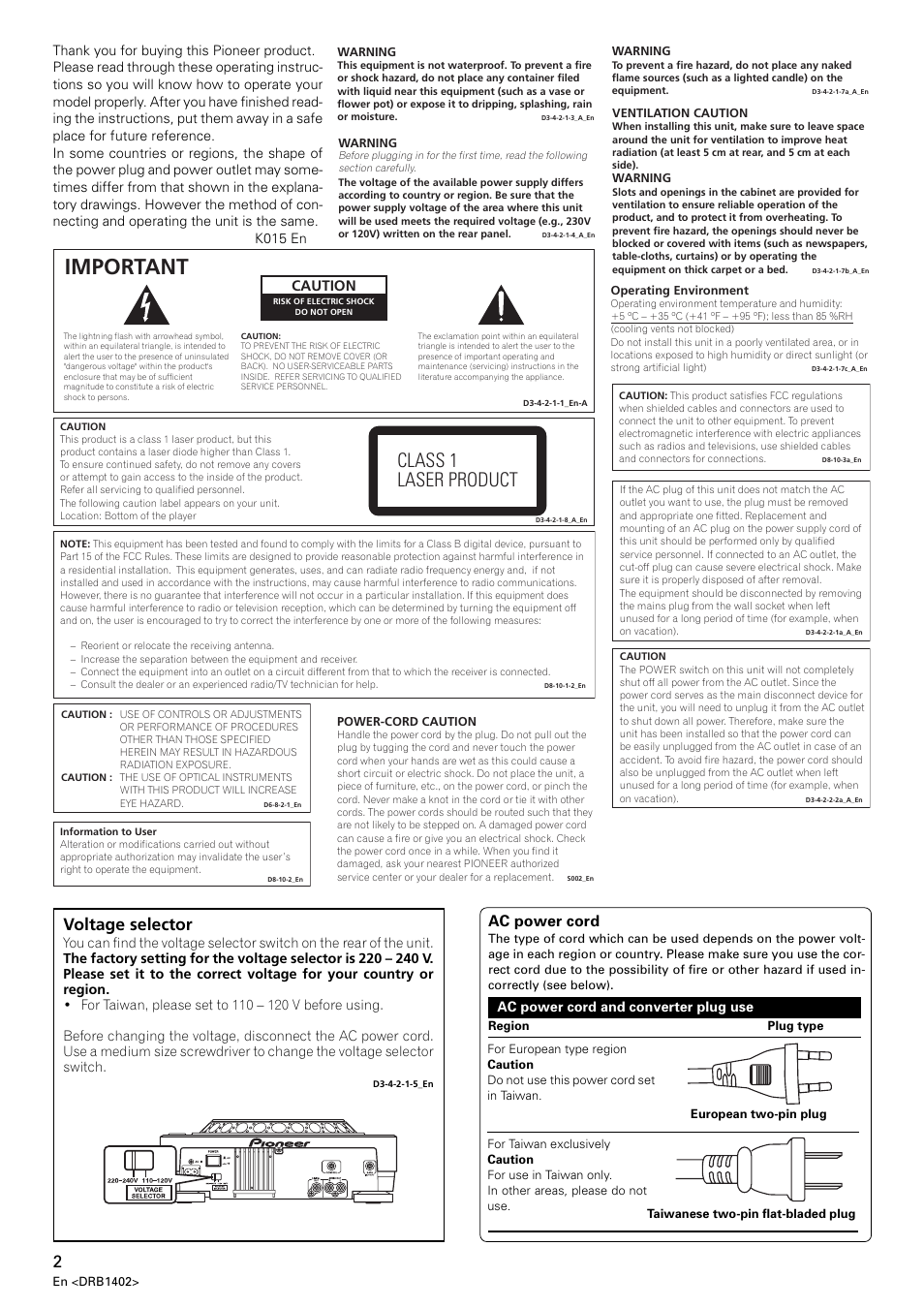 Important, Class 1 laser product, Voltage selector | Ac power cord, Caution | Pioneer CDJ-800MK2 User Manual | Page 2 / 38