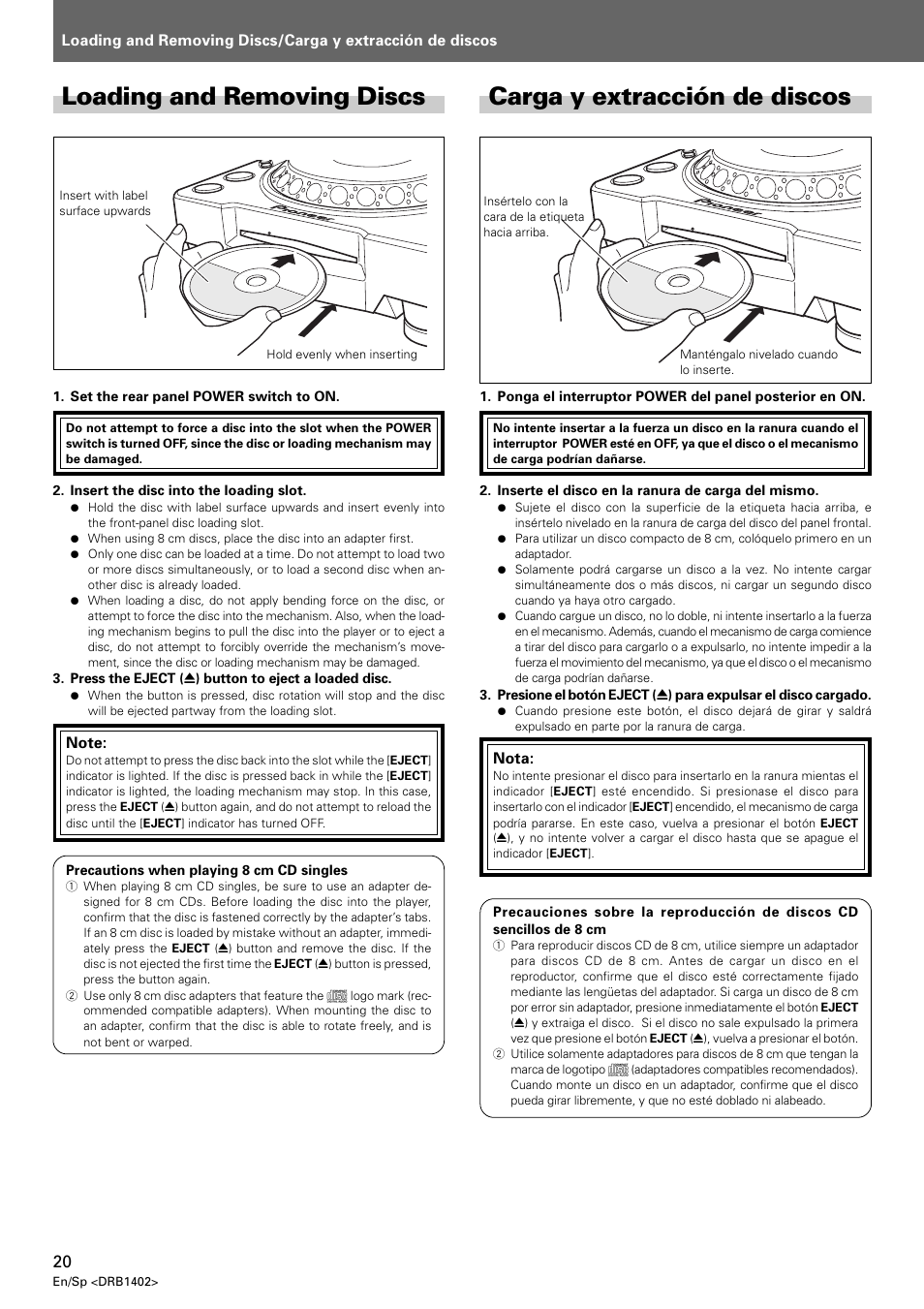 Loading and removing discs, Carga y extracción de discos | Pioneer CDJ-800MK2 User Manual | Page 20 / 38