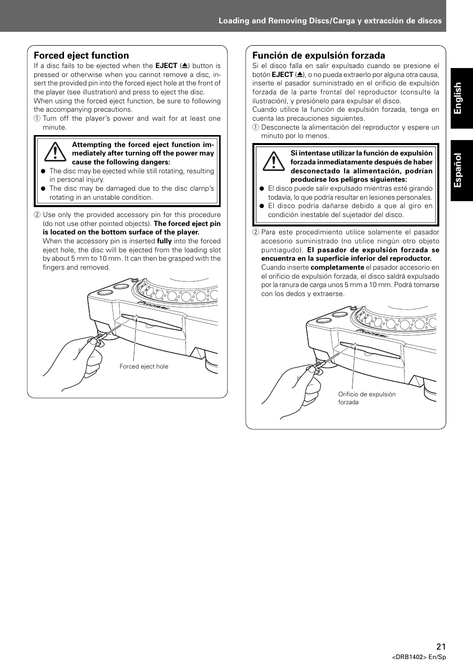 English espa ñ ol, Forced eject function, Función de expulsión forzada | Pioneer CDJ-800MK2 User Manual | Page 21 / 38