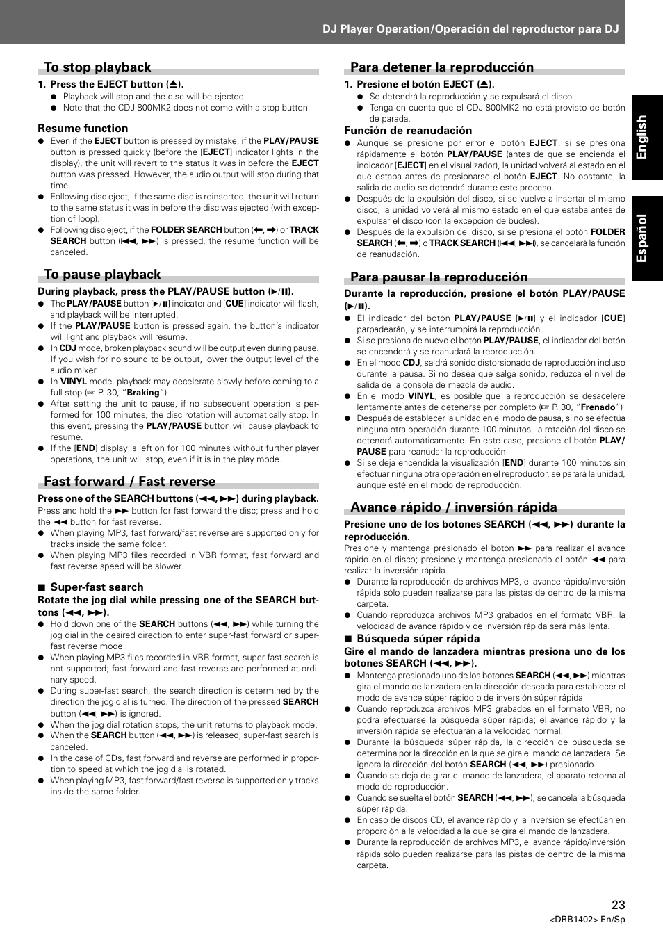 English espa ñ ol, Para detener la reproducción, Para pausar la reproducción | Avance rápido / inversión rápida, Fast forward / fast reverse | Pioneer CDJ-800MK2 User Manual | Page 23 / 38