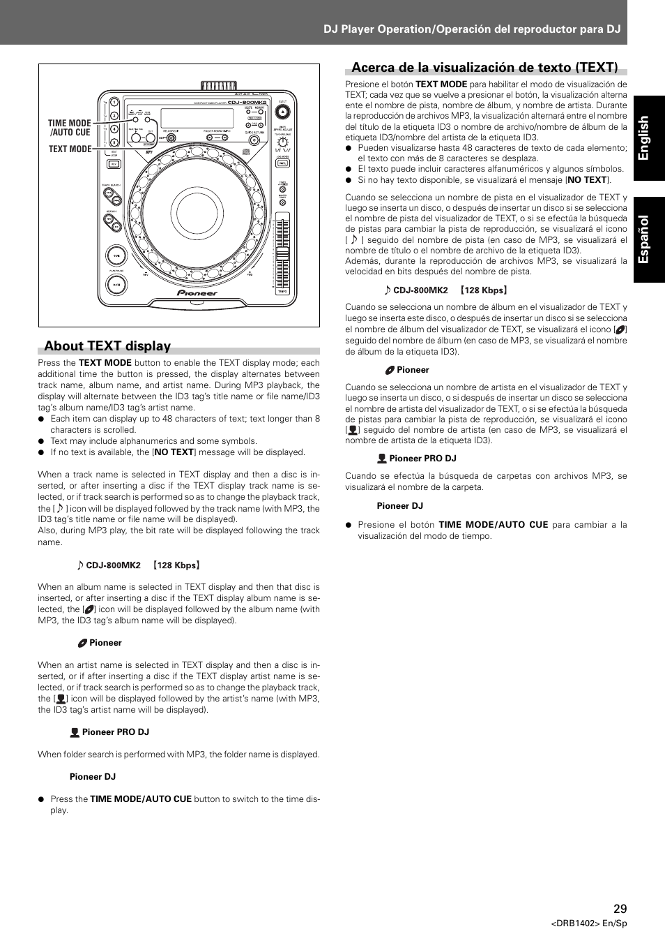 About text display, Acerca de la visualización de texto (text), English espa ñ ol | Pioneer CDJ-800MK2 User Manual | Page 29 / 38