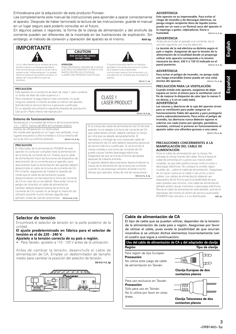 Importante, Class 1 laser product, English español | Selector de tensión, Cable de alimentación de ca, Caution | Pioneer CDJ-800MK2 User Manual | Page 3 / 38