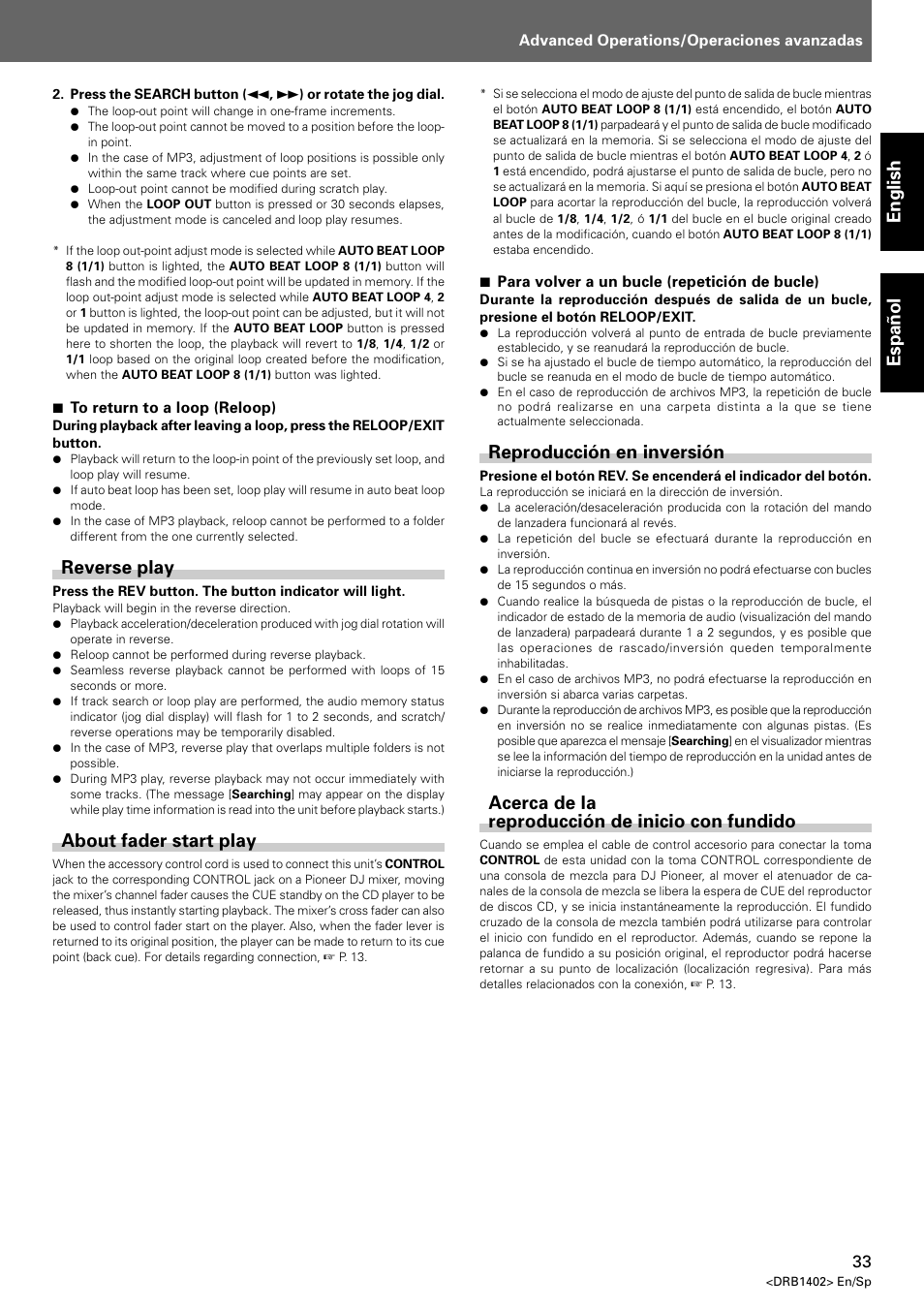 Reverse play about fader start play, English espa ñ ol, Reverse play | About fader start play, Reproducción en inversión, Acerca de la reproducción de inicio con fundido | Pioneer CDJ-800MK2 User Manual | Page 33 / 38