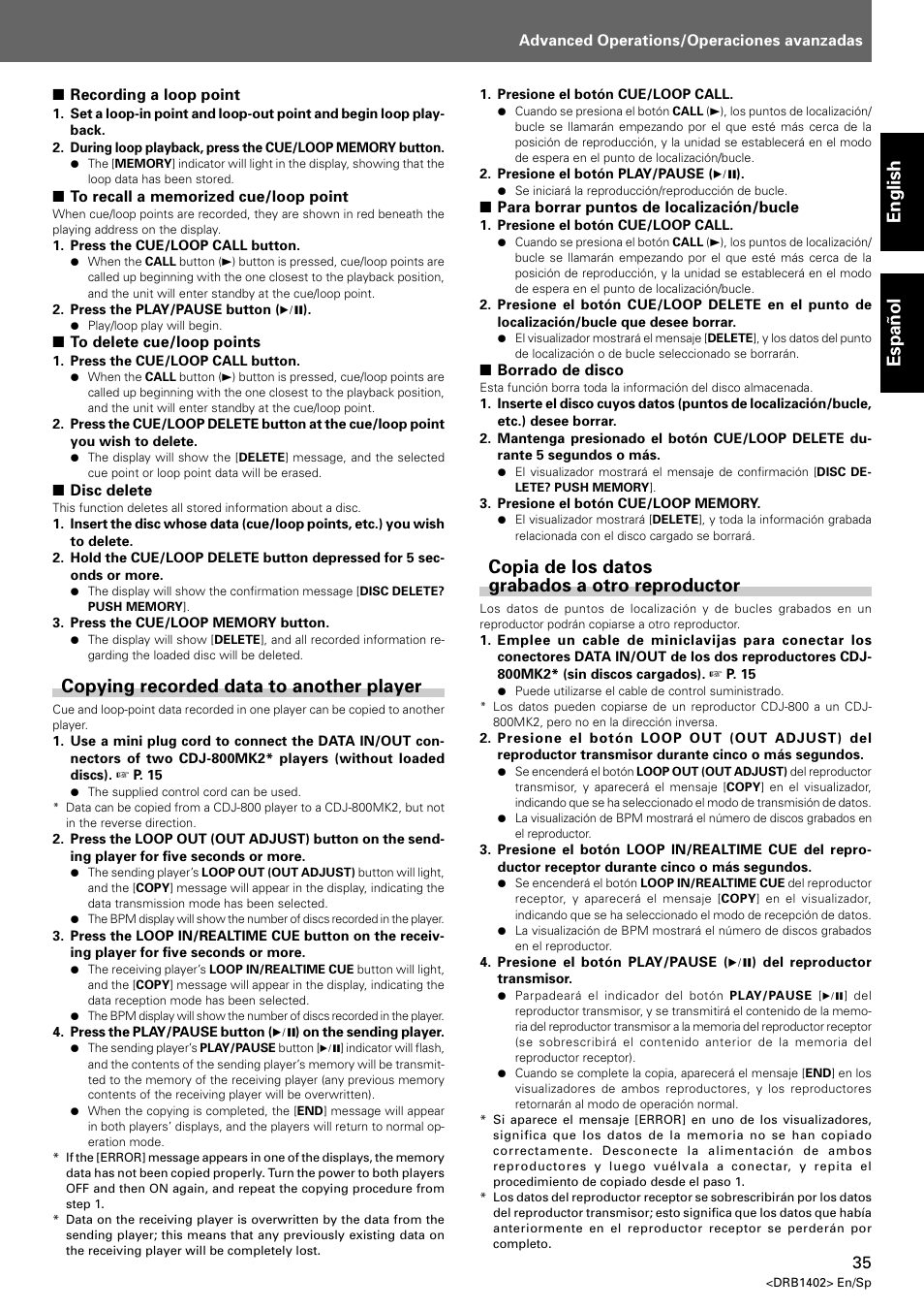 Copying recorded data to another player, Copia de los datos grabados a otro reproductor, English espa ñ ol | Pioneer CDJ-800MK2 User Manual | Page 35 / 38