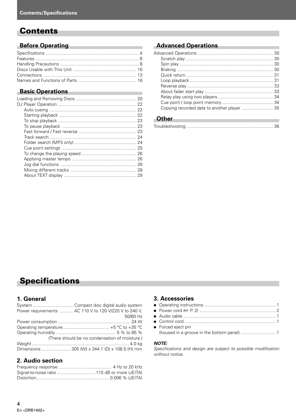 Cdj-800mk2, Operating instructions, Contents specifications | Pioneer CDJ-800MK2 User Manual | Page 4 / 38
