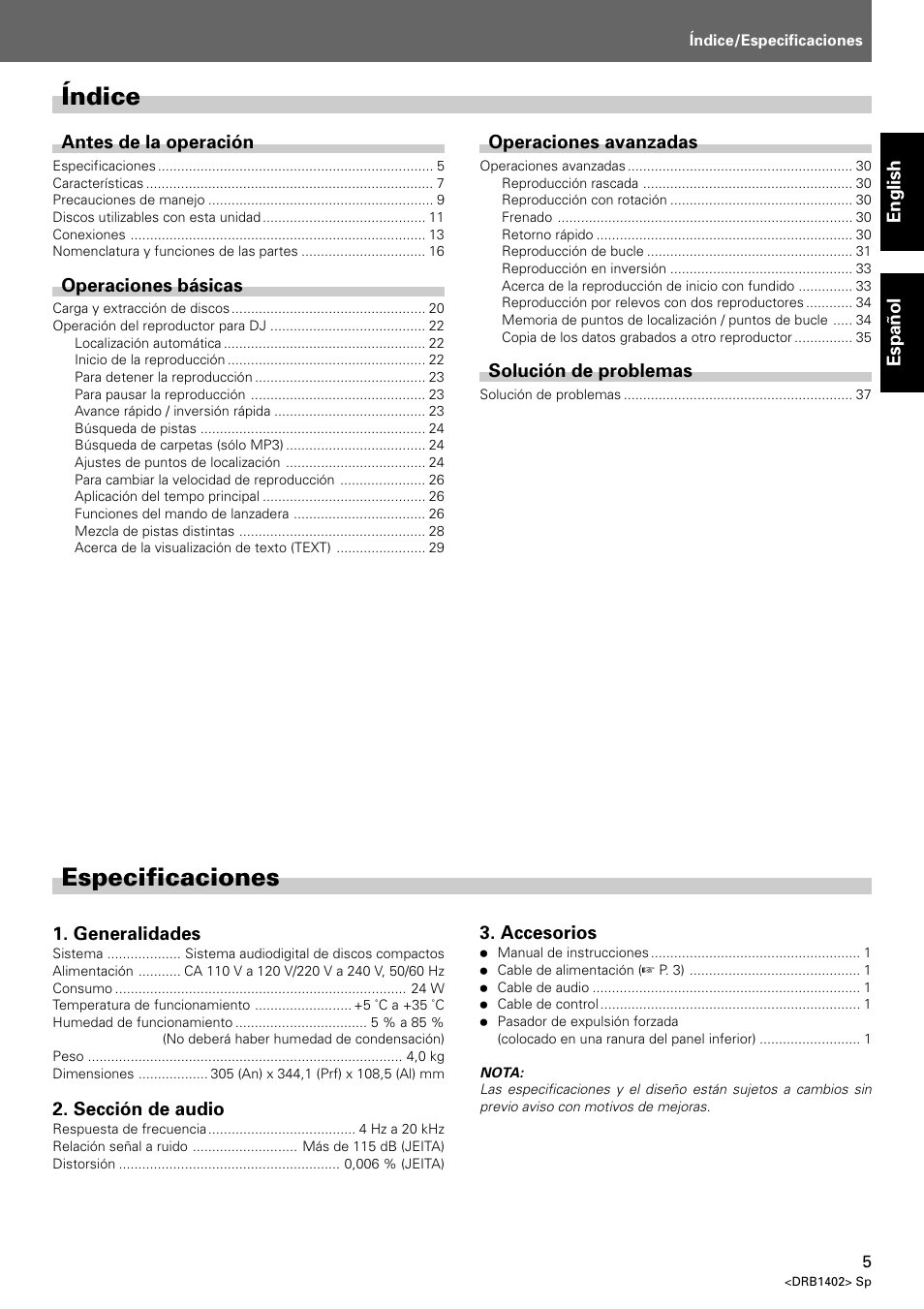 Manual de instrucciones, Especificaciones, Índice | Pioneer CDJ-800MK2 User Manual | Page 5 / 38