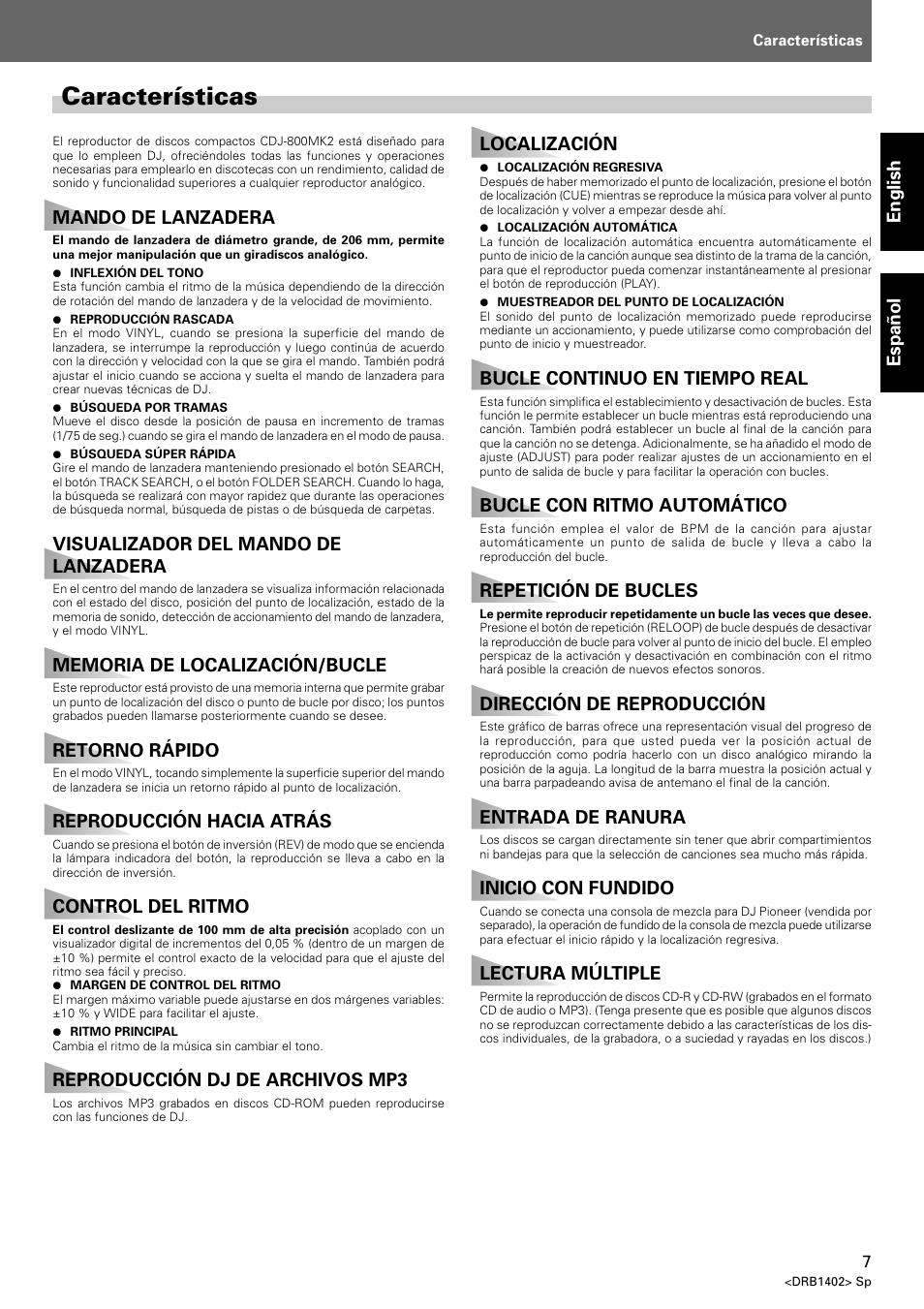 Características | Pioneer CDJ-800MK2 User Manual | Page 7 / 38