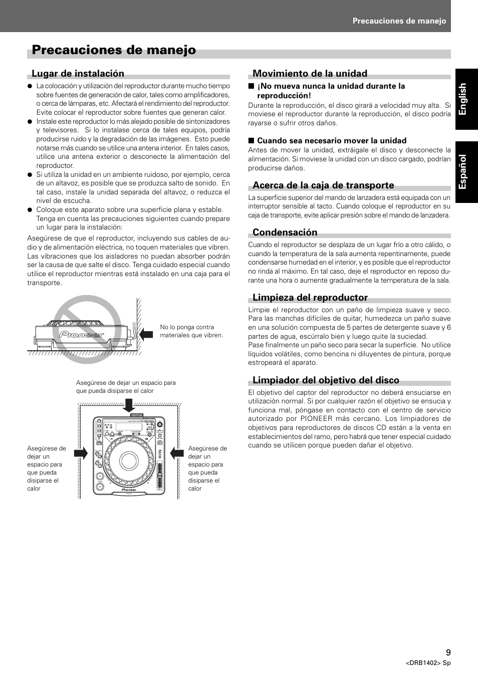 Precauciones de manejo | Pioneer CDJ-800MK2 User Manual | Page 9 / 38