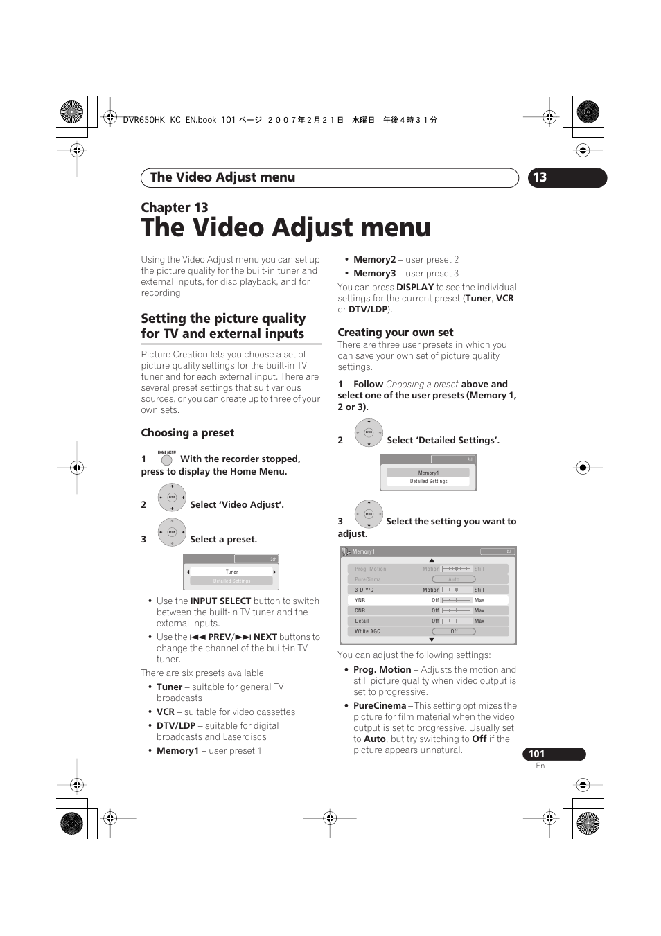 13 the video adjust menu, The video adjust menu, 13 chapter 13 | Setting the picture quality, For tv and external inputs | Pioneer DVR-650H-K User Manual | Page 101 / 130