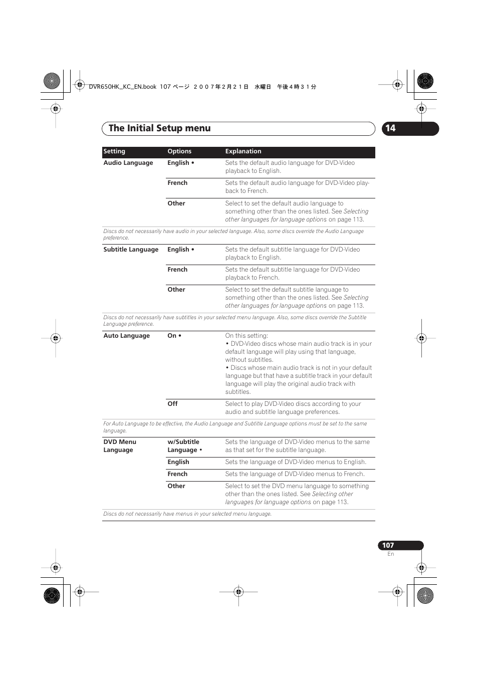 The initial setup menu | Pioneer DVR-650H-K User Manual | Page 107 / 130