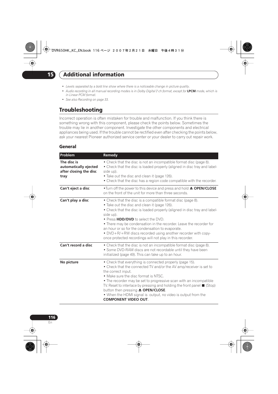 Troubleshooting, Additional information 15, General | Pioneer DVR-650H-K User Manual | Page 116 / 130