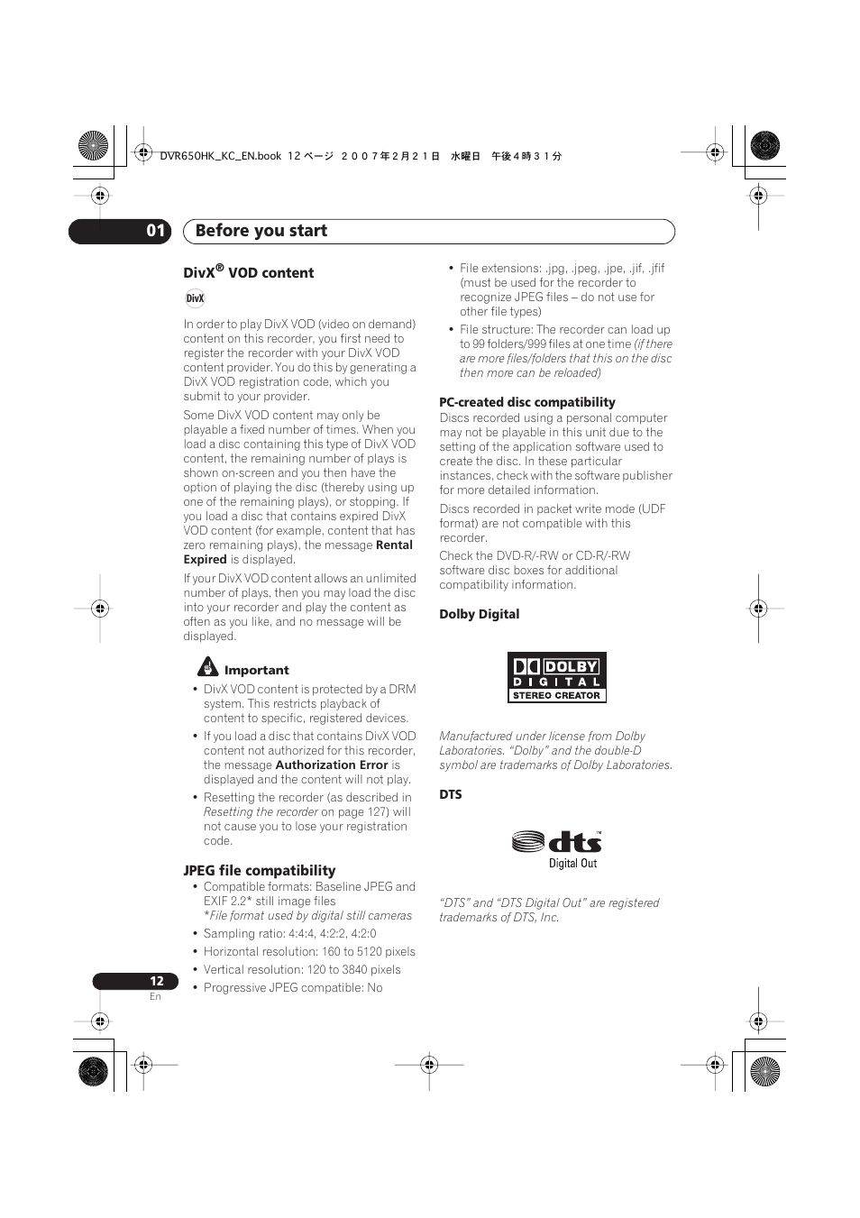 Before you start 01 | Pioneer DVR-650H-K User Manual | Page 12 / 130