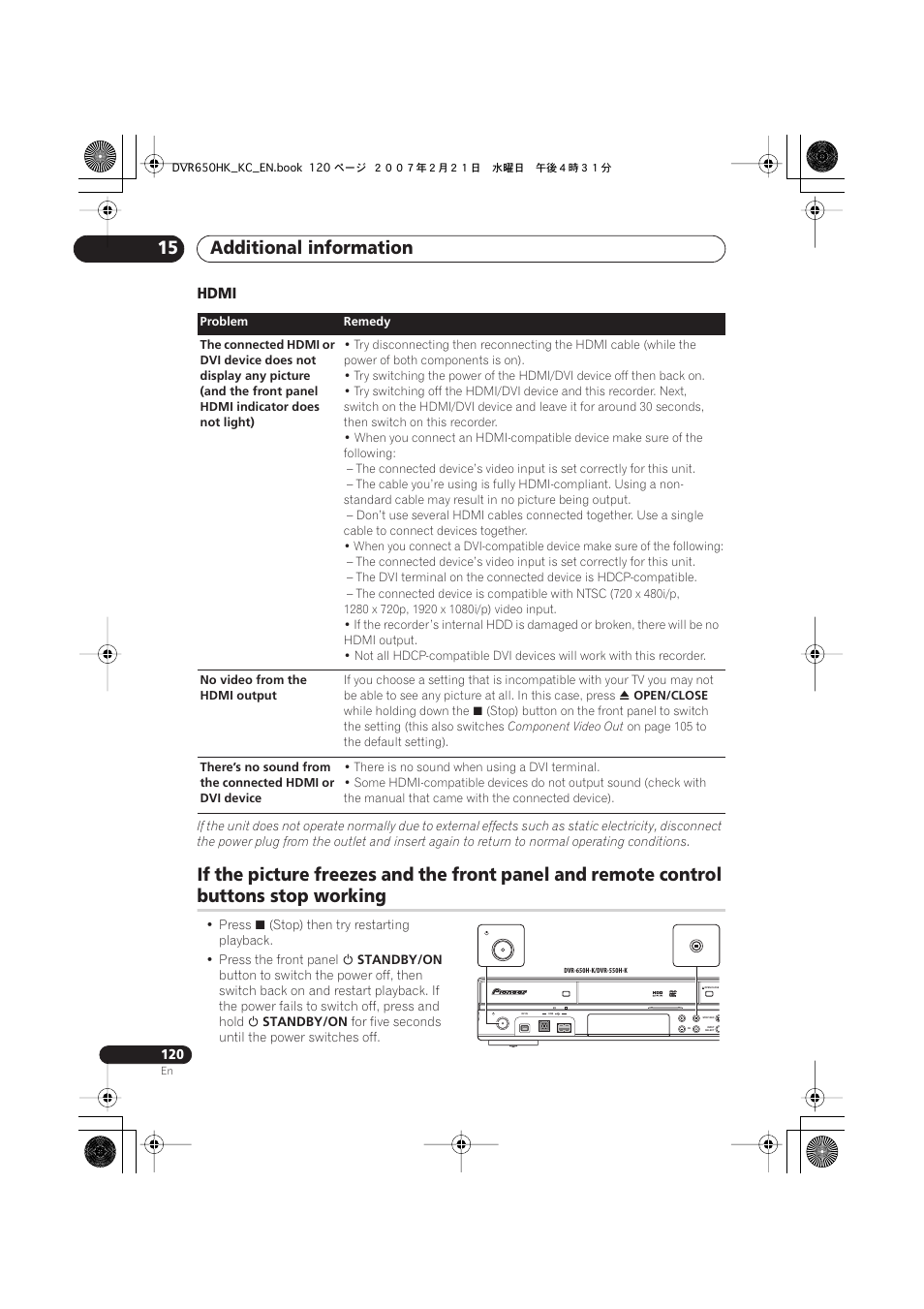 Additional information 15, Buttons stop working, Hdmi | Pioneer DVR-650H-K User Manual | Page 120 / 130