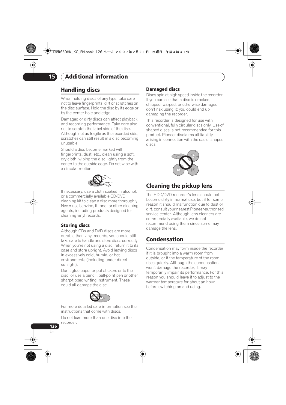 Handling discs, Cleaning the pickup lens, Condensation | Additional information 15 | Pioneer DVR-650H-K User Manual | Page 126 / 130