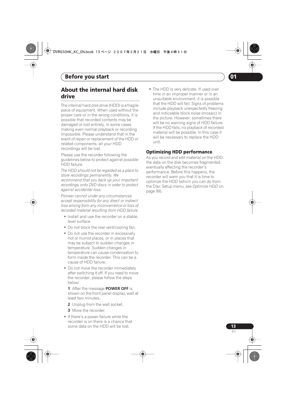 About the internal hard disk drive, Before you start, 01 about the internal hard disk | Drive | Pioneer DVR-650H-K User Manual | Page 13 / 130