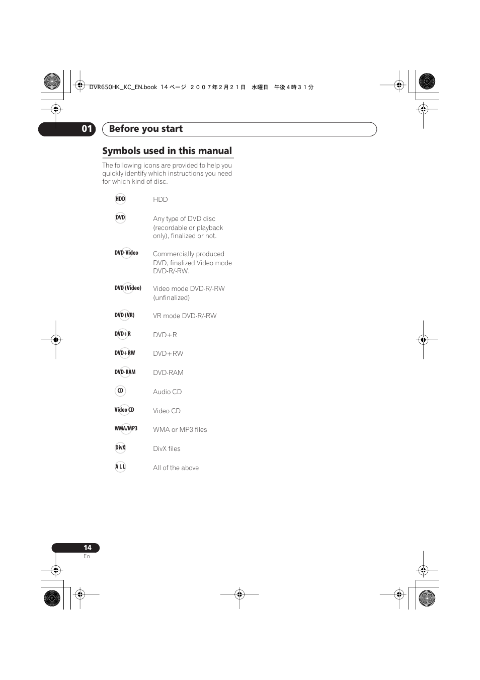 Symbols used in this manual, Before you start 01 | Pioneer DVR-650H-K User Manual | Page 14 / 130