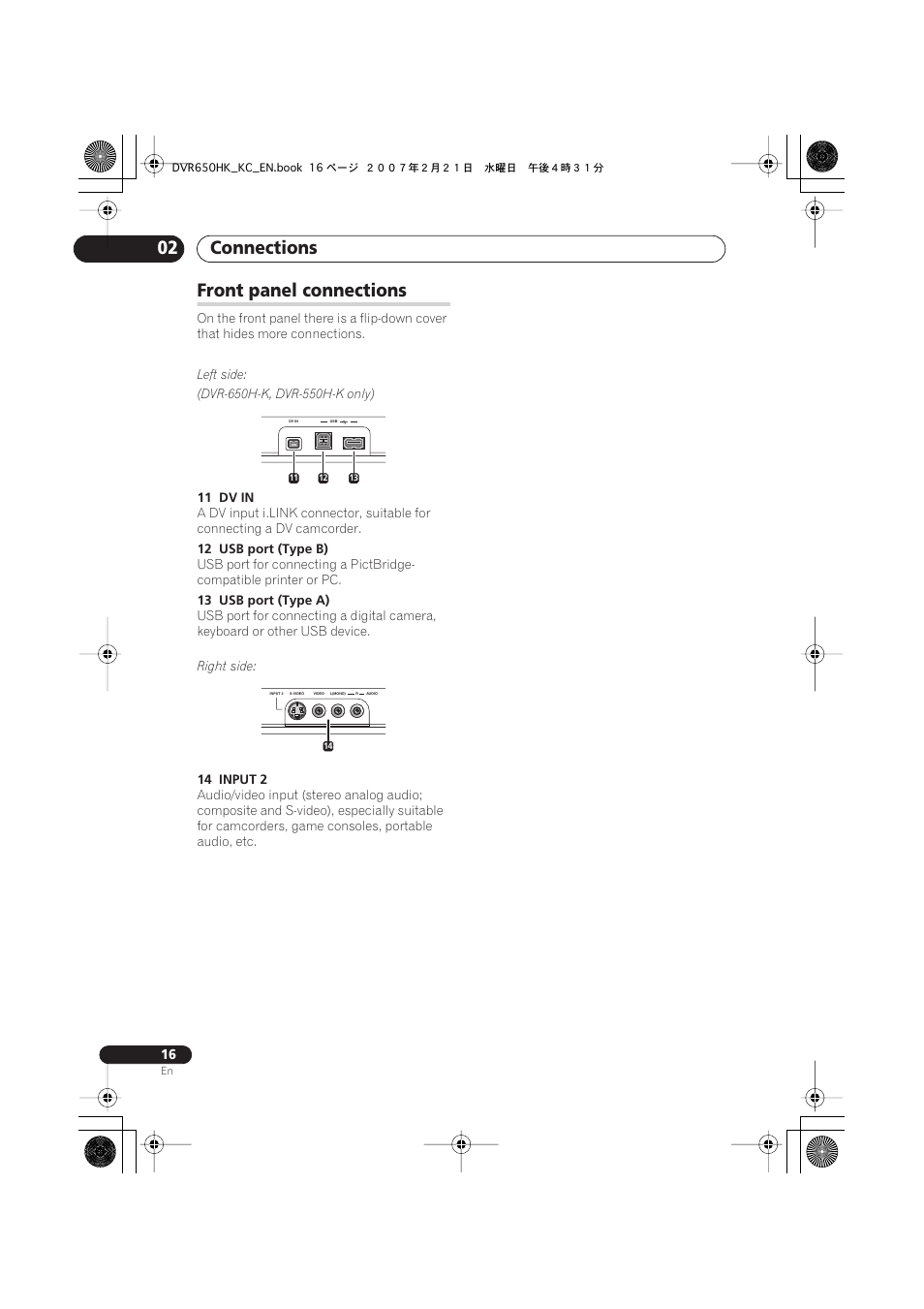 Front panel connections, Connections 02 | Pioneer DVR-650H-K User Manual | Page 16 / 130