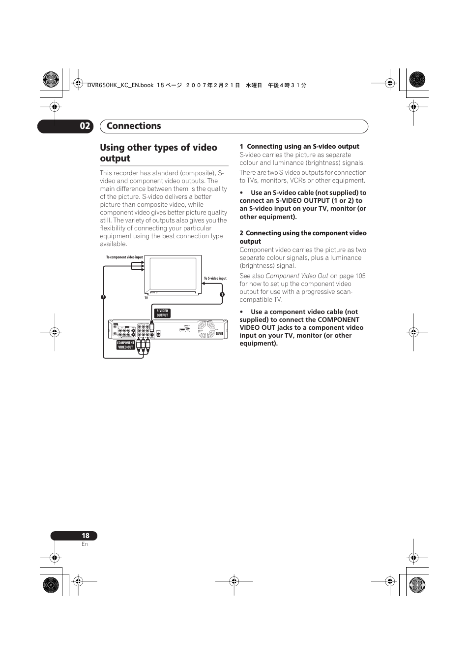 Using other types of video output, Connections 02, Using other types of video | Output, Coaxial hdmi out, 1 connecting using an s-video output, 2 connecting using the component video output, Component video out | Pioneer DVR-650H-K User Manual | Page 18 / 130