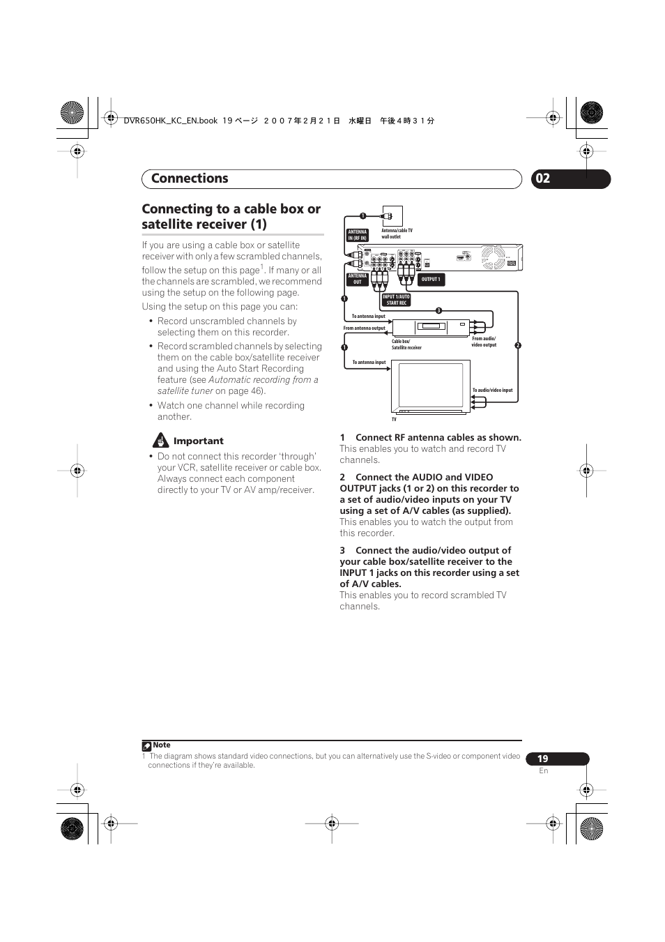 Connections, 02 connecting to a cable box or, Satellite receiver (1) | Coaxial hdmi out | Pioneer DVR-650H-K User Manual | Page 19 / 130