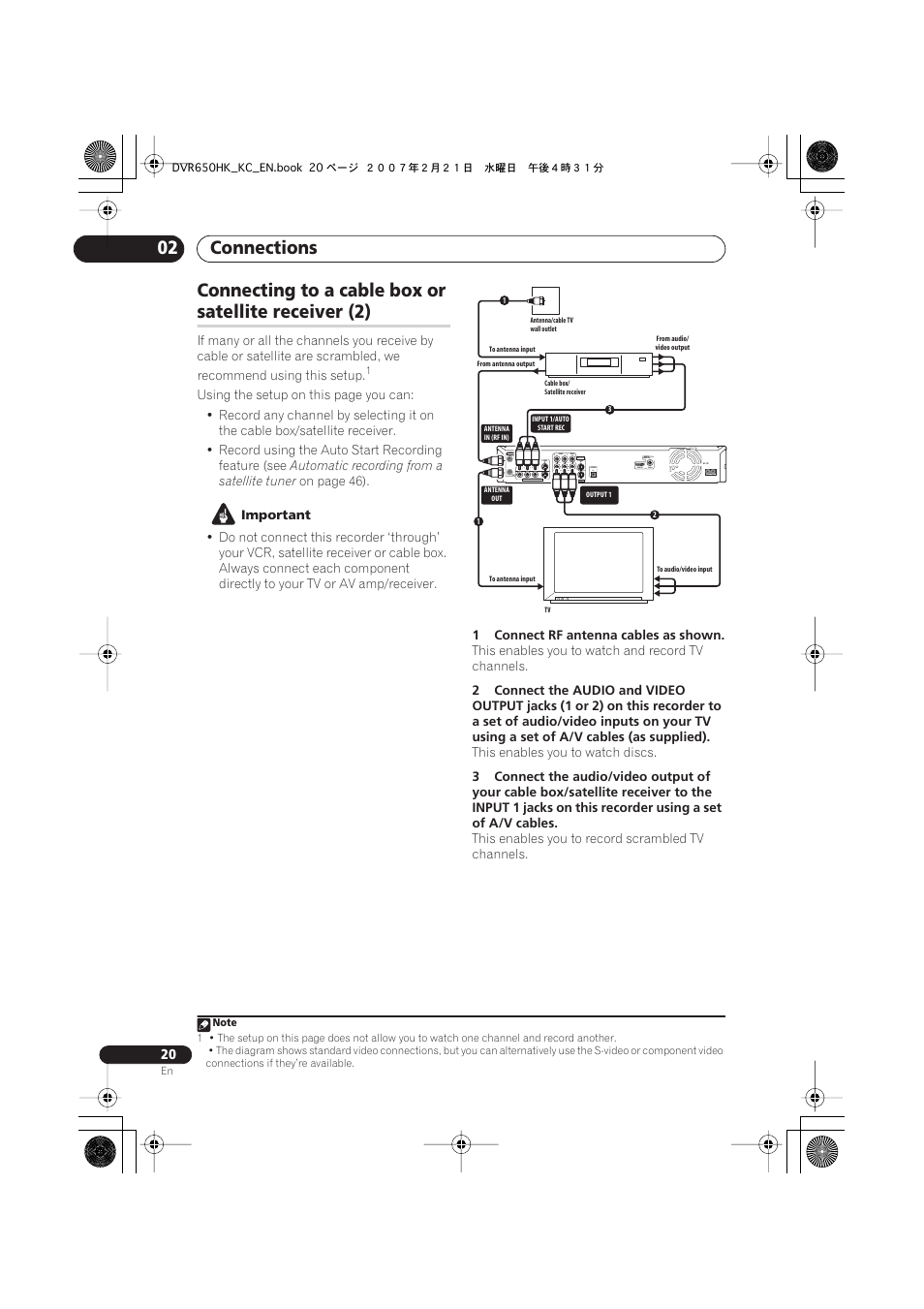 Connections 02, Connecting to a cable box or, Satellite receiver (2) | Coaxial hdmi out | Pioneer DVR-650H-K User Manual | Page 20 / 130